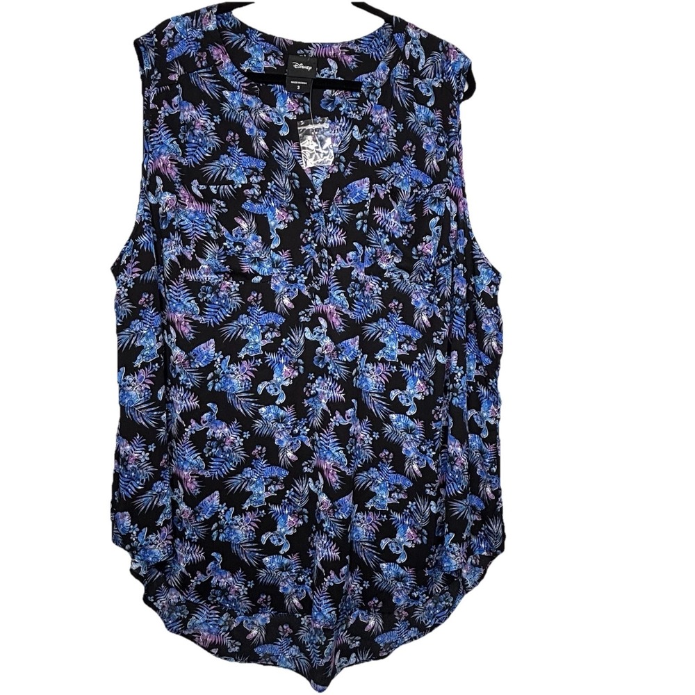 Disney Stitch NWOT Top Blouse Womens 3 Tropical Blue Black  Sleeveless Hawaiian